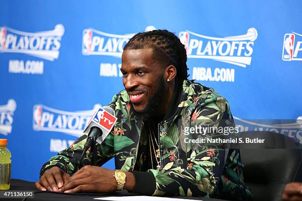 DeMarre Carroll of the Atlanta Hawks speaks to the media after a game the Brooklyn Nets in Game Three of the Eastern Conference Quarterfinals during...