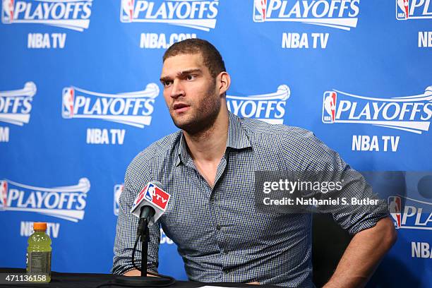 Brook Lopez of the Brooklyn Nets speaks to the media after a game the Atlanta Hawks in Game Three of the Eastern Conference Quarterfinals during the...