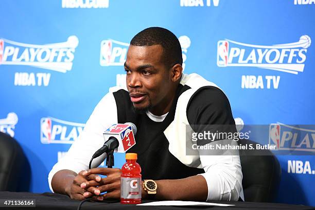 Paul Millsap of the Atlanta Hawks speaks to the media after a game the Brooklyn Nets in Game Three of the Eastern Conference Quarterfinals during the...
