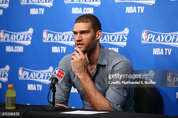 Brook Lopez of the Brooklyn Nets speaks to the media after a game the Atlanta Hawks in Game Three of the Eastern Conference Quarterfinals during the...