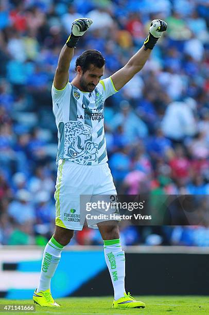 Sergio Garcia Goalkeeper of Chiapas celebrates the first goal of his team during a match between Cruz Azul and Chiapas as part of 15th round of...