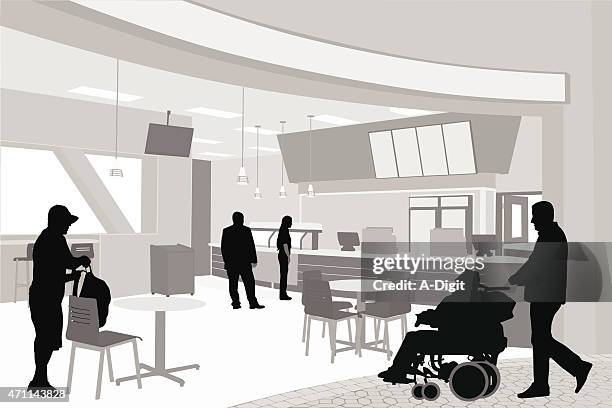 wheelchair food court - paralysis stock illustrations