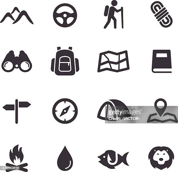 tourismus und camping-icons-acme series - bergsteiger mit karte und rucksack stock-grafiken, -clipart, -cartoons und -symbole