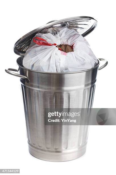 full overflow garbage can with plastic bag on white background - overflowing stock pictures, royalty-free photos & images