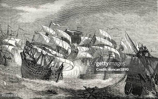 attacking the treasure ship - sir francis drake stock illustrations