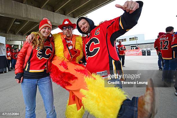Group of fans get ready for the game between the Calgary Flames and the Vancouver Canucks at Scotiabank Saddledome for Game Six of the Western...