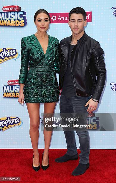 Miss Universe 2012 Olivia Culpo and singer Nick Jonas attend the 2015 Radio Disney Music Awards at Nokia Theatre L.A. Live on April 25, 2015 in Los...