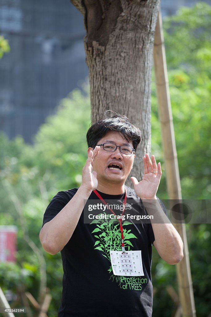 A protest leader speaks under a tree that is due to be...