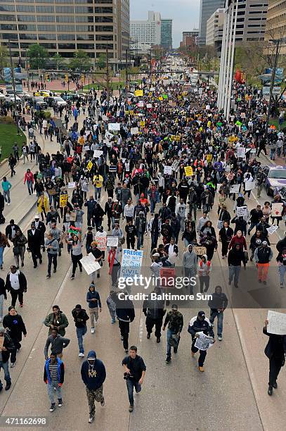 Large protest on Pratt Street in Baltimore on Saturday, April 25 as protests continue in the wake of Freddie Gray's death while in police custody.