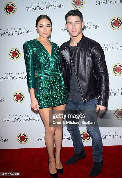 Olivia Culpo and singer Nick Jonas attend City Year Los Angeles Spring Break at Sony Studios on April 25, 2015 in Los Angeles, California.