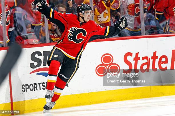 Johnny Gaudreau of the Calgary Flames celebrates a goal against the Vancouver Canucks at Scotiabank Saddledome for Game Six of the Western...