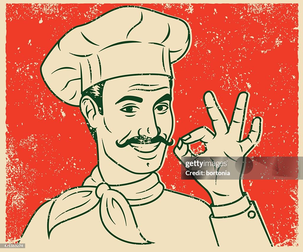 Retro impressão de tela de linha Chef sorridente bonito arte ilustração