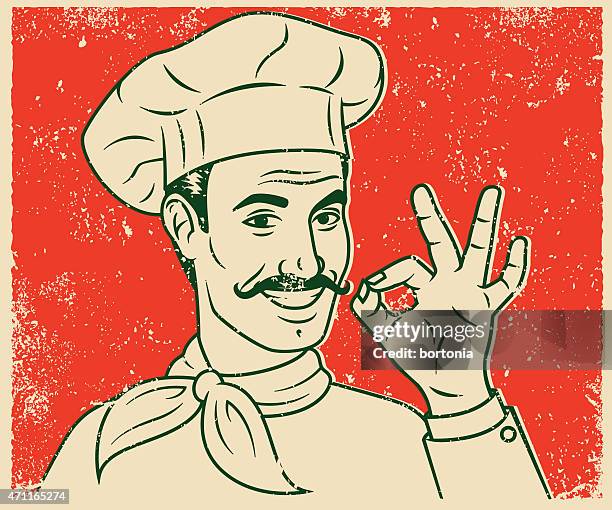 retro screen print smiling handsome chef line art illustration - handsome stock illustrations