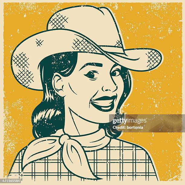 retro screen print smiling cowgirl line art illustration - cowgirl stock stock illustrations