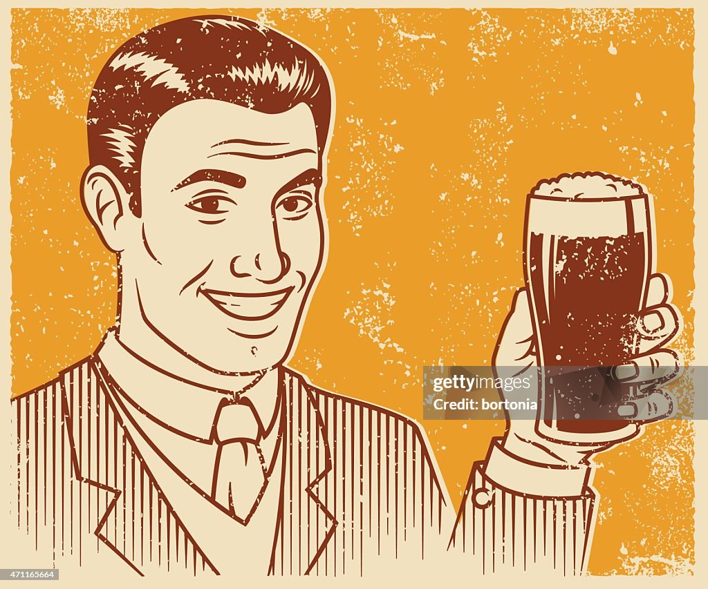 Retro Screen Print Smiling Handsome Man With Beer