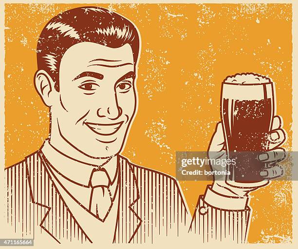 retro screen print smiling handsome man with beer - men drinking beer stock illustrations