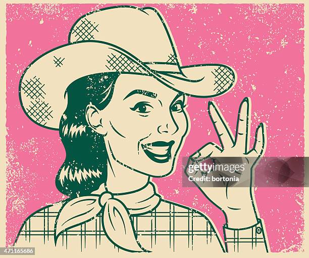 retro-siebdruck lächeln cowgirl line art illustration - cowboyhut stock-grafiken, -clipart, -cartoons und -symbole