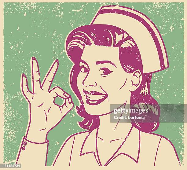 stockillustraties, clipart, cartoons en iconen met retro screen print smiling nurse line art illustration - pretty brunette woman cartoon