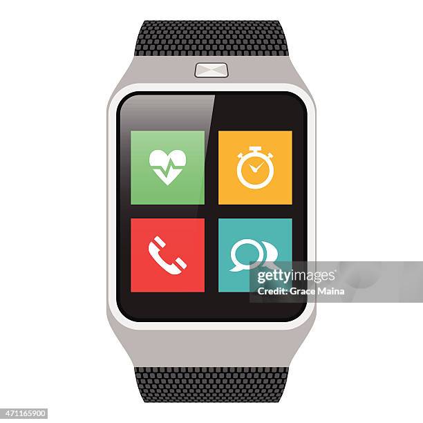 stockillustraties, clipart, cartoons en iconen met vector of a smart watch with four icons on the watch face - smartwatch