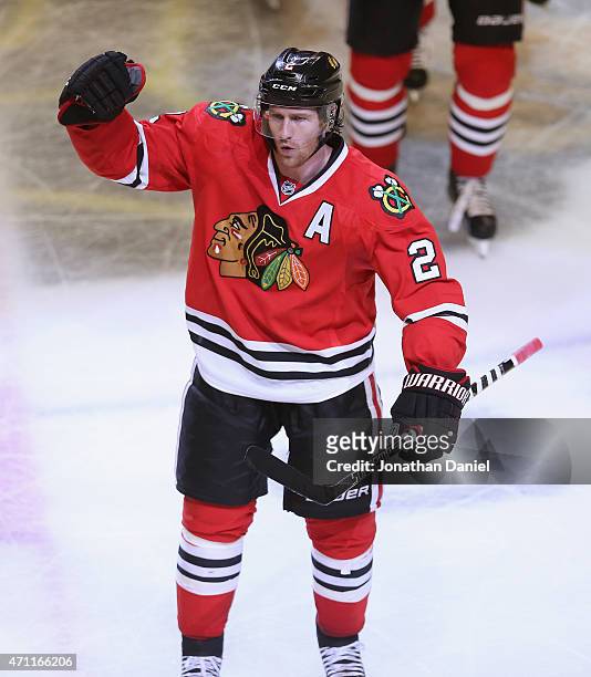 Duncan Keith of the Chicago Blackhawks celebrates scoring the game-winning goal in the third period against the Nashville Predators in Game Six of...
