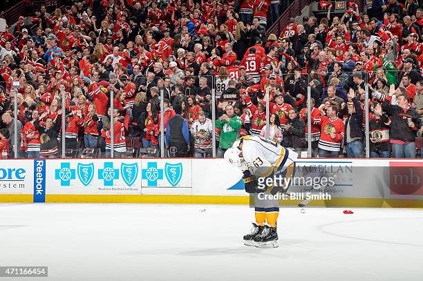 Mike Ribeiro of the Nashville Predators stands on the ice after the Chicago Blackhawks defeated the Predators 4-3 to win the series in Game Six of...