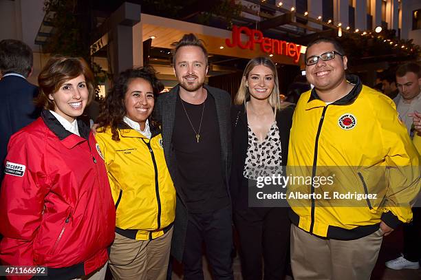 Actor Aaron Paul and Lauren Parsekian pose with City Year AmeriCorps members at City Year Los Angeles Spring Break at Sony Studios on April 25, 2015...