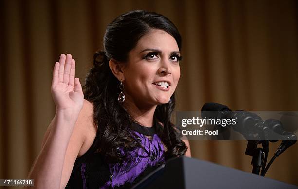 Comedienne Cecily Strong of the Saturday Night Live show speaks at the annual White House Correspondent's Association Gala at the Washington Hilton...
