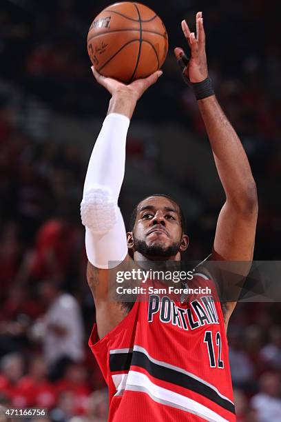 LaMarcus Aldridge of the Portland Trail Blazers prepares to shoot a free throw against the Memphis Grizzlies in Game Three of the Western Conference...