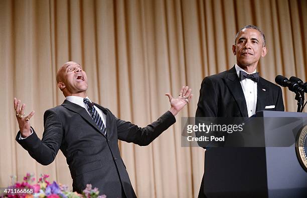 The presidents translator, Luther , as portrayed by comedian Keegan-Michael Key, gestures as President Barack Obama speaks at the annual White House...