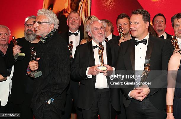 Andre Heller, Dieter Hallervorden, designer Guido Maria Kretschmer with award during the 26th ROMY Award 2015 at Hofburg Vienna on April 25, 2015 in...