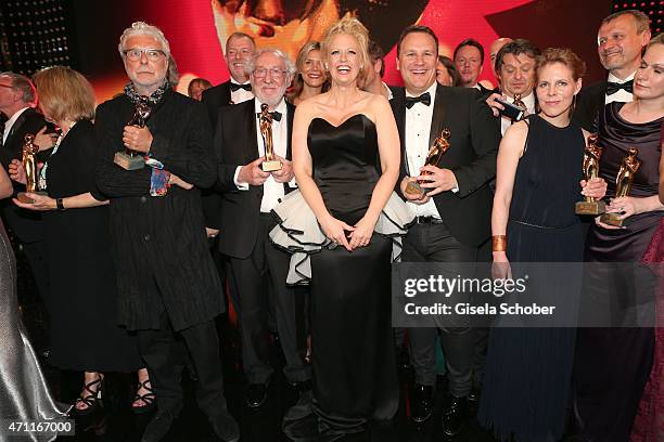 Andre Heller, Dieter Hallervorden, Barbara Schoeneberger, designer Guido Maria Kretschmer during the 26th ROMY Award 2015 at Hofburg Vienna on April...