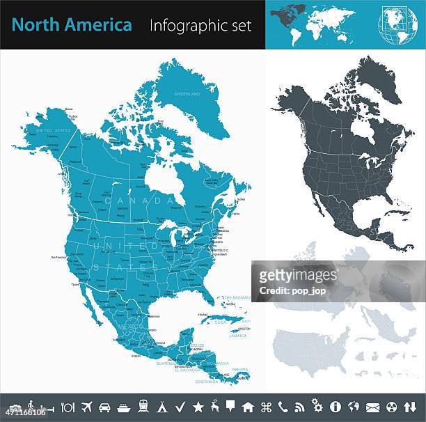 ilustraciones, imágenes clip art, dibujos animados e iconos de stock de américa del norte-infografía mapa-ilustración - américa del norte