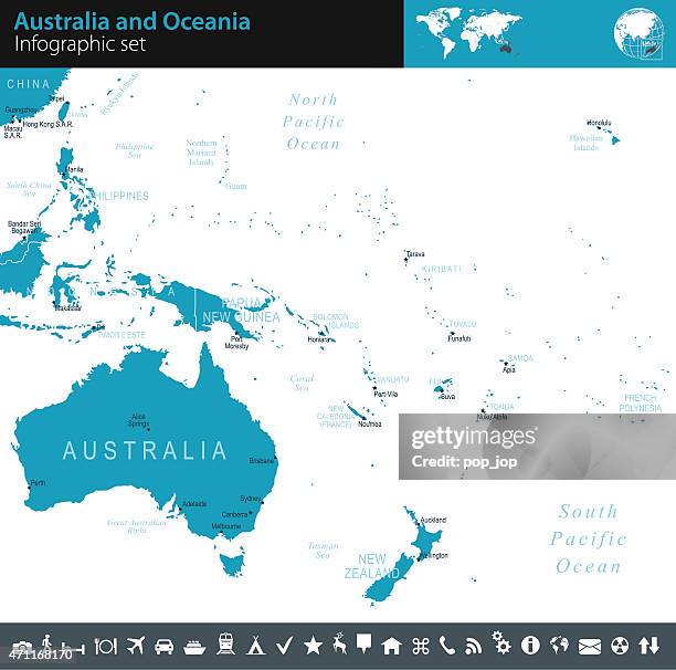 australia and oceania - infographic map - illustration - fiji map stock illustrations