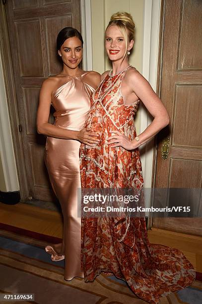 Models Irina Shayk and Anne Vyalitsyna attend the Bloomberg & Vanity Fair cocktail reception following the 2015 WHCA Dinner at the residence of the...