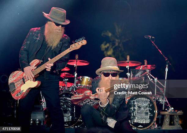 Musicians Dusty Hill and Billy Gibbons of ZZ Top perform onstage during day two of 2015 Stagecoach, California's Country Music Festival, at The...