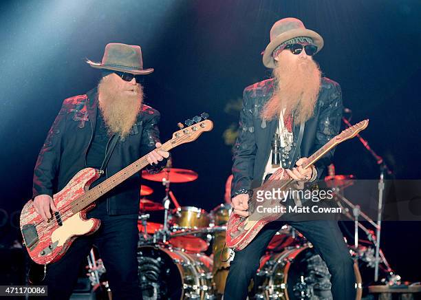 Musicians Dusty Hill and Billy Gibbons of ZZ Top perform onstage during day two of 2015 Stagecoach, California's Country Music Festival, at The...