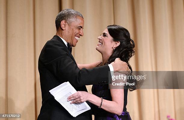 President Barack Obama greets comedienne Cecily Strong of the Saturday Night Live show during the annual White House Correspondent's Association Gala...