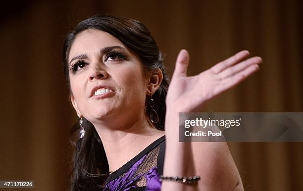 Comedienne Cecily Strong of the Saturday Night Live show speaks at the annual White House Correspondent's Association Gala at the Washington Hilton...
