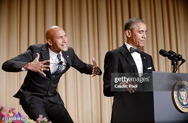 The presidents translator, Luther , as portrayed by comedian Keegan-Michael Key, gestures as President Barack Obama speaks at the annual White House...