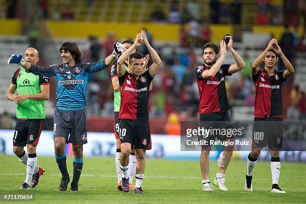 Players of Atlas celebrate victory after winning the match between Atlas and Leon as part of 15th round of Clausura 2015 Liga MX at Jalisco Stadium...