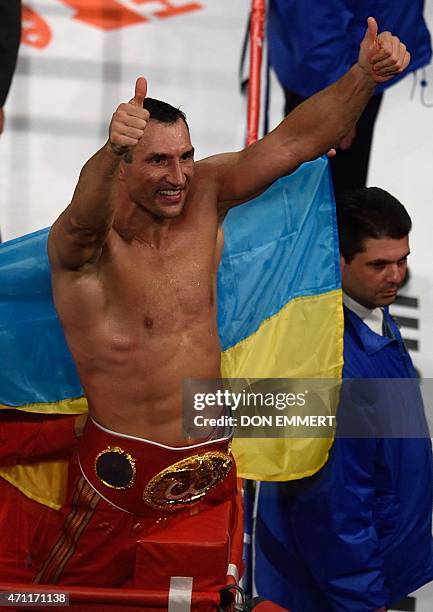 Wladimir Klitschko of the Ukraine celebrates his victory over Bryant Jennings of the US during their World Heavyweight Championship boxing bout at...