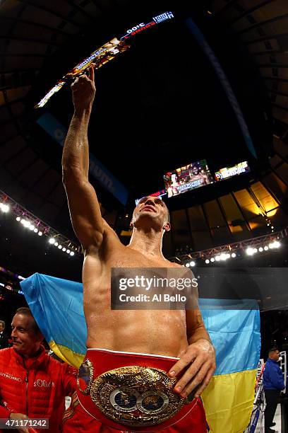 Wladimir Klitschko of Ukraine celebrates defeating Bryant Jennings of the United States in their IBF/WBO/WBA World Heavyweight Championship title...