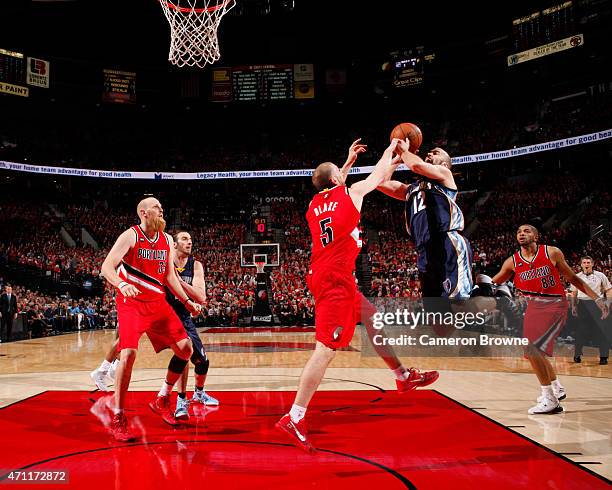 April 25: Nick Calathes of the Memphis Grizzlies shoots against Steve Blake of the Portland Trail Blazers during Game Three of the Western Conference...