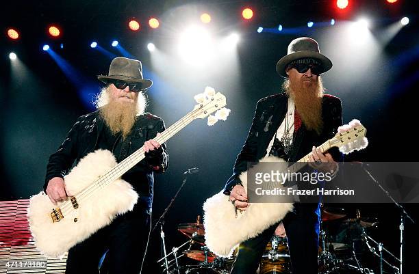 Musicians Dusty Hill and Billy Gibbons of ZZ Top perform onstage during day two of 2015 Stagecoach, California's Country Music Festival, at The...