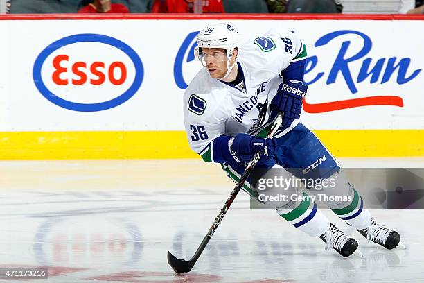 Jannik Hansen of the Vancouver Canucks skates against the Calgary Flames at Scotiabank Saddledome for Game Six of the Western Quarterfinals during...