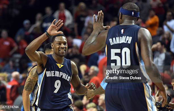 Tony Allen of the Memphis Grizzlies clebrates with Zach Randolph of the Memphis Grizzlies during the fourth quarter in Game Three of the Western...