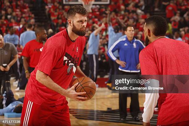 April 25: Joel Freeland of the Portland Trail Blazers warms up before Game Three of the Western Conference Quarterfinals against the Memphis...