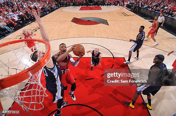 Damian Lillard of the Portland Trail Blazers goes to the basket against the Memphis Grizzlies in Game Three of the Western Conference Quarterfinals...