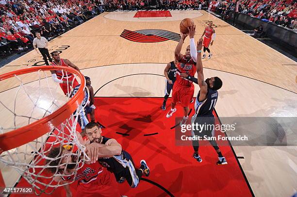 Arron Afflalo of the Portland Trail Blazers shoots against the Memphis Grizzlies in Game Three of the Western Conference Quarterfinals during the...