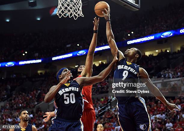 Zach Randolph of the Memphis Grizzlies, LaMarcus Aldridge of the Portland Trail Blazers and Tony Allen of the Memphis Grizzlies battle for a rebound...